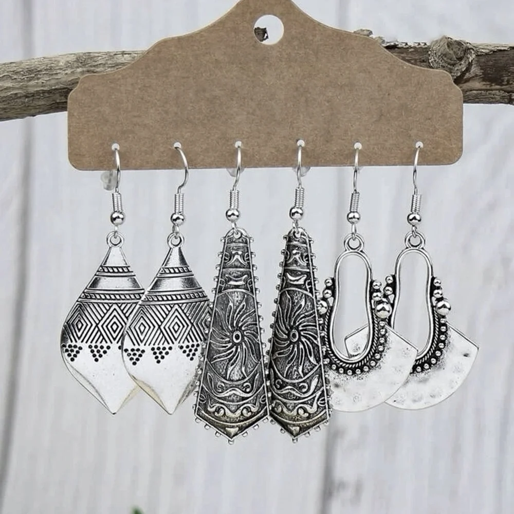 Any 4/$25! Set of 3 Oxidized Silver Boho Drop Earrings - Picture 1 of 5